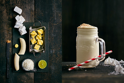 gefrorene Kokosmilch, Ananas und Banane/Koksflocken/Limette/Zimtpulver/Ingwer - SchneeflÃ¶ckchen-Smoothie